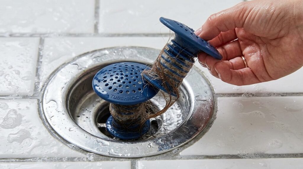 tubshroom hair catcher in shower drain catching hair before it clogs