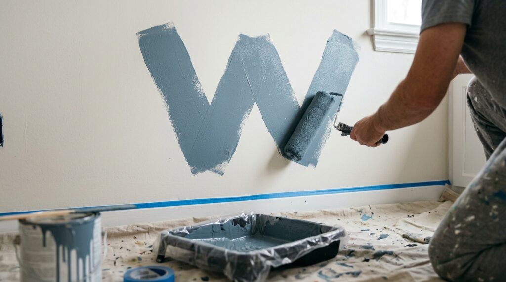 paint roller applying paint in W pattern on wall