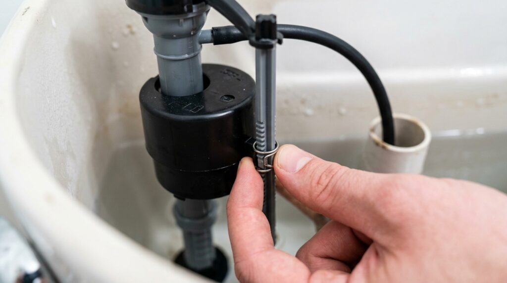 adjusting cup float on fill valve shaft to lower water level