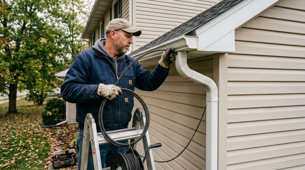 plumber snake being fed into downspout to clear gutter clog