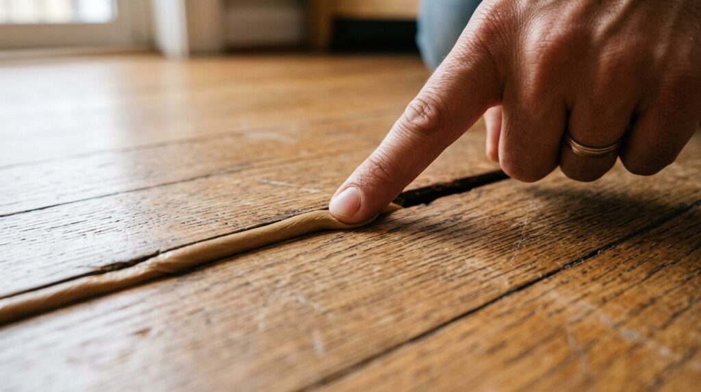 rope caulk pressed into permanent gap between hardwood floor boards