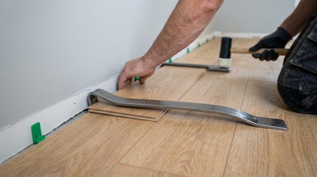 using tapping block and mallet to close gap between vinyl plank rows