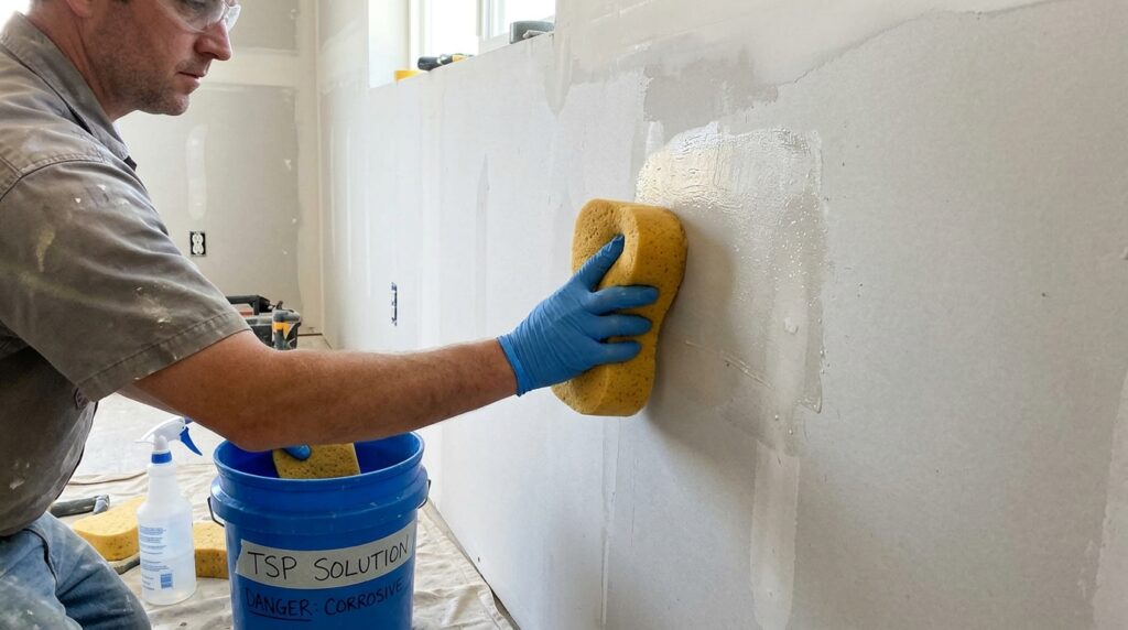 sponge washing adhesive residue off drywall after wallpaper removal