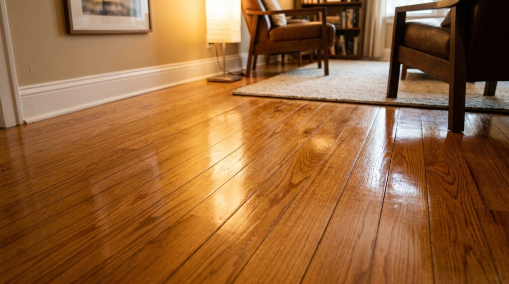 repaired hardwood floor section with scratches and gaps fixed