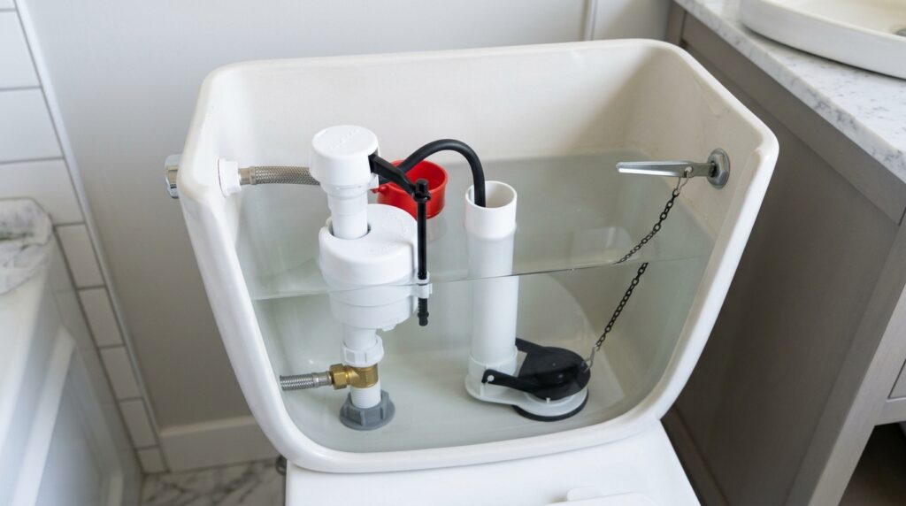 new fill valve installed in toilet tank with correct water level