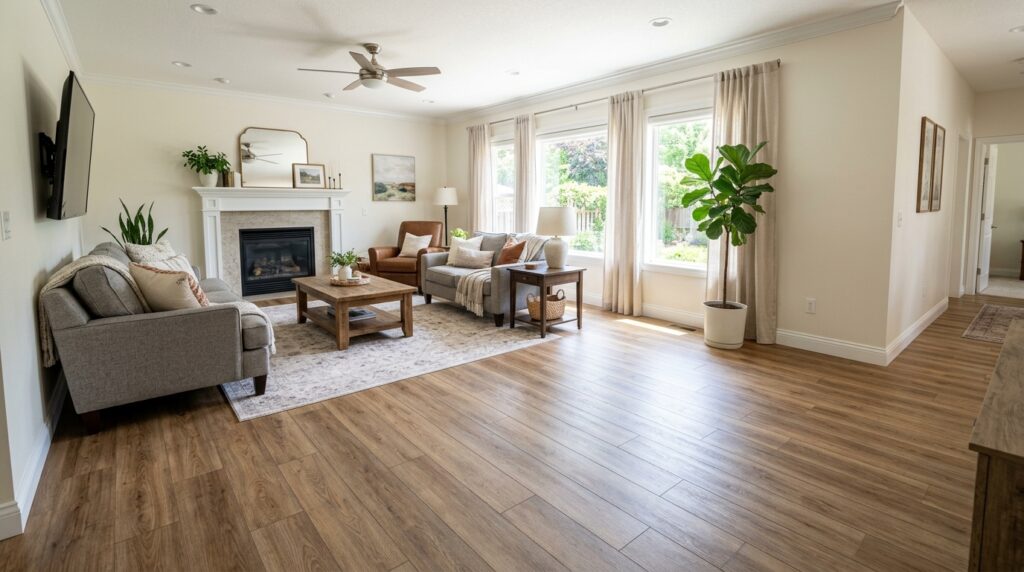completed vinyl plank flooring installation in living room with baseboards