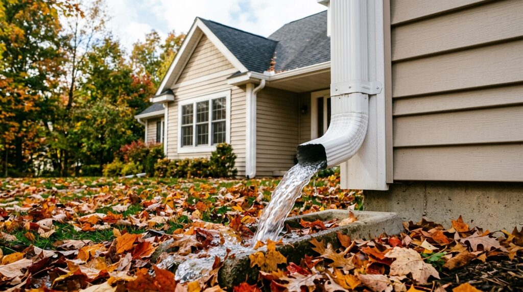 clean gutter with water flowing freely through downspout after cleaning