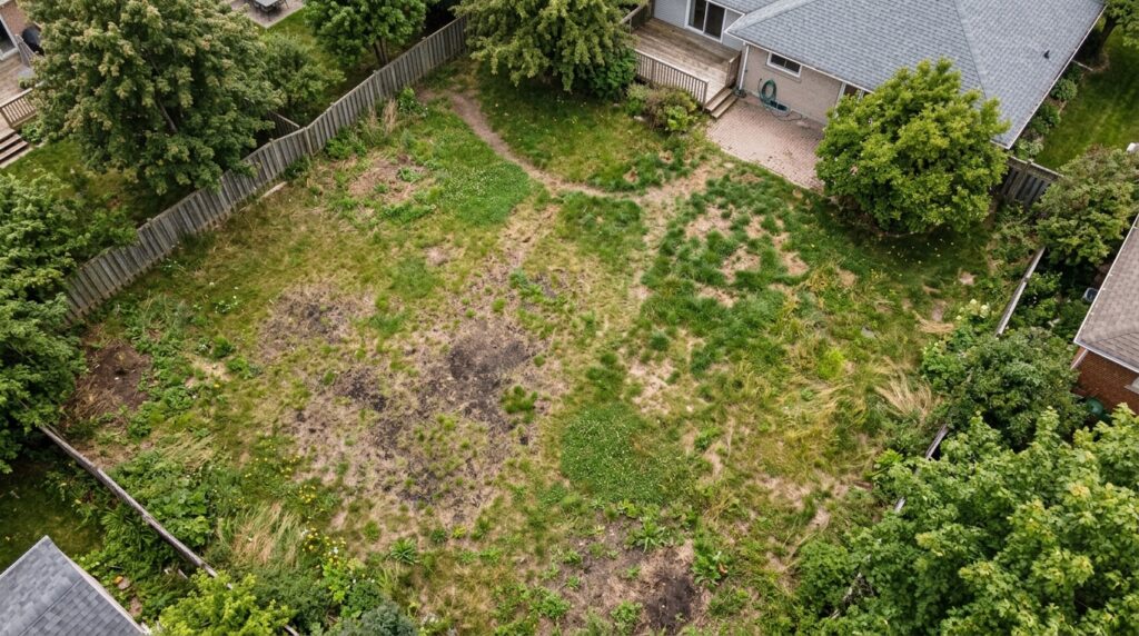patchy lawn with thin spots ready for fall overseeding