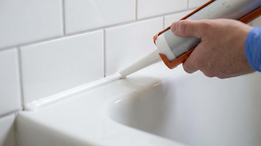 caulk gun applying white silicone bead along bathtub edge