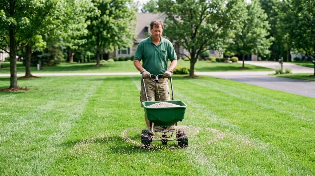 broadcast spreader applying fertilizer granules to green lawn