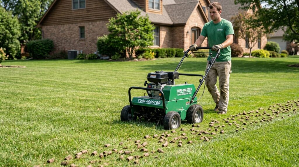 gas-powered core aerator pulling soil plugs from green lawn