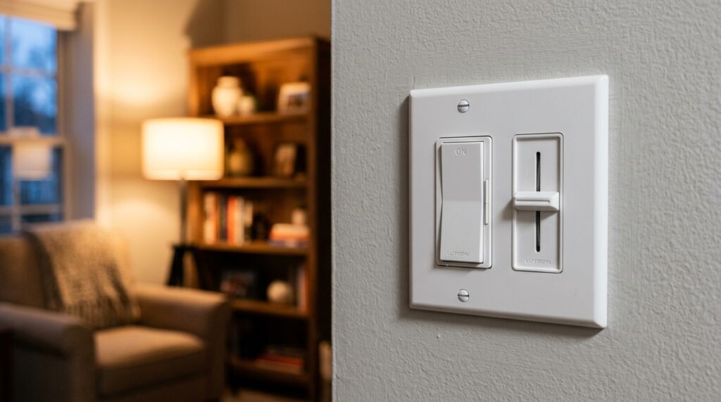 modern dimmer switch installed on wall with warm ambient lighting in background