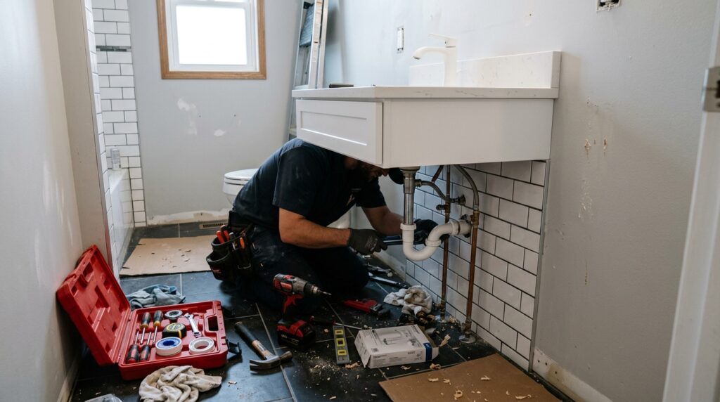 bathroom vanity being installed against wall with plumbing connections visible underneath
