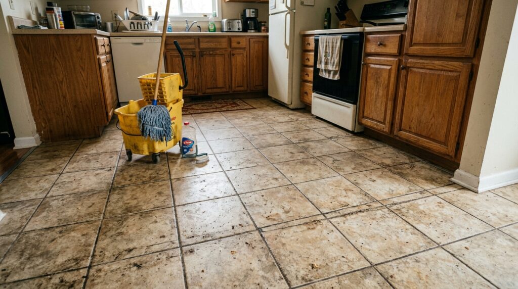 dirty ceramic tile floor with grime in grout lines before cleaning