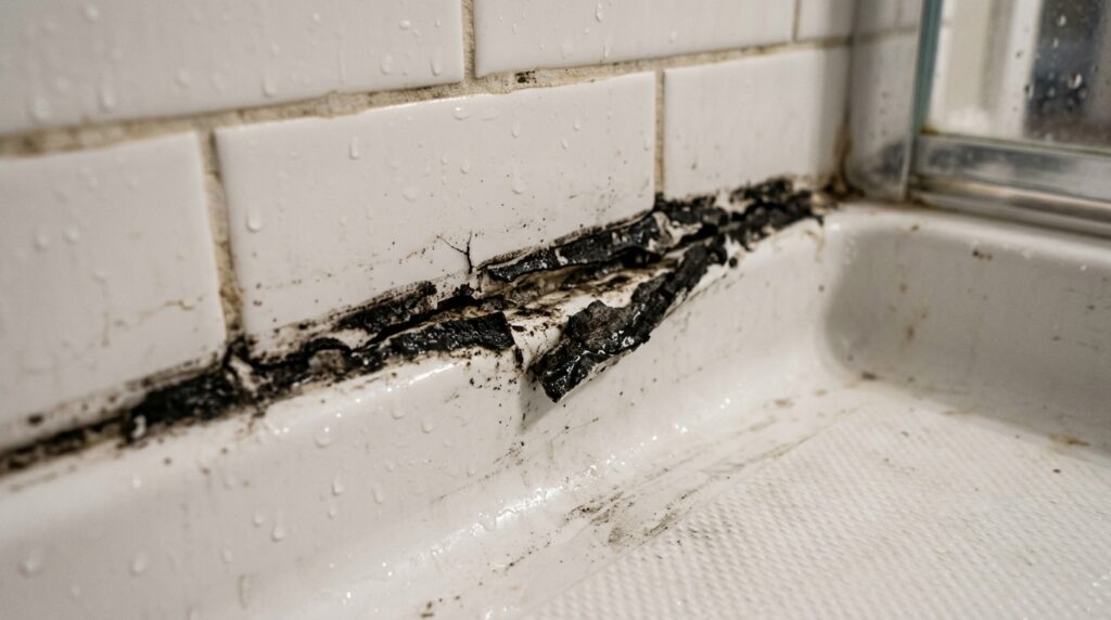 ailed shower caulk showing cracked moldy and peeling caulk at tile to shower base joint