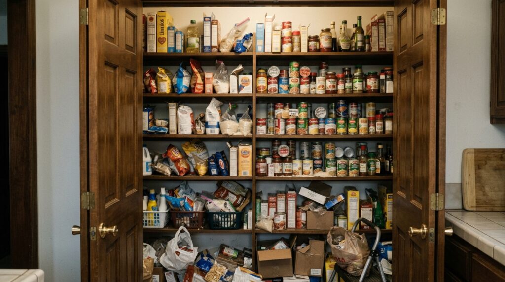 disorganized pantry with cluttered shelves and no visible organization system