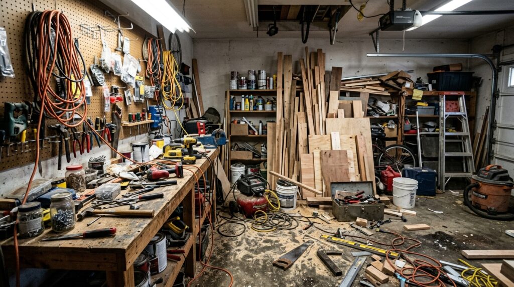 disorganized garage workshop with tools scattered on workbench and floor needing organization