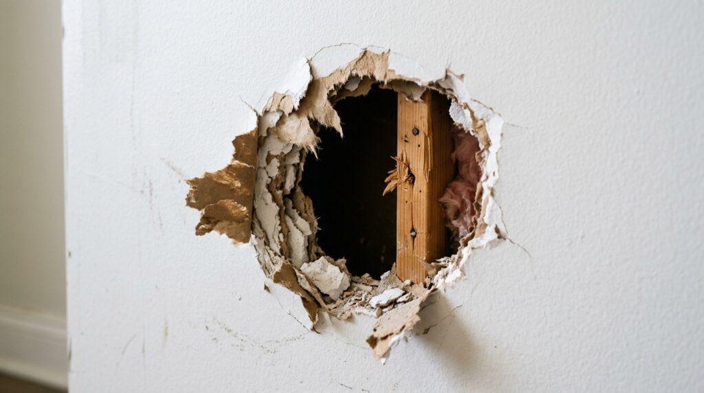 fist-sized hole in white drywall wall needing patch repair