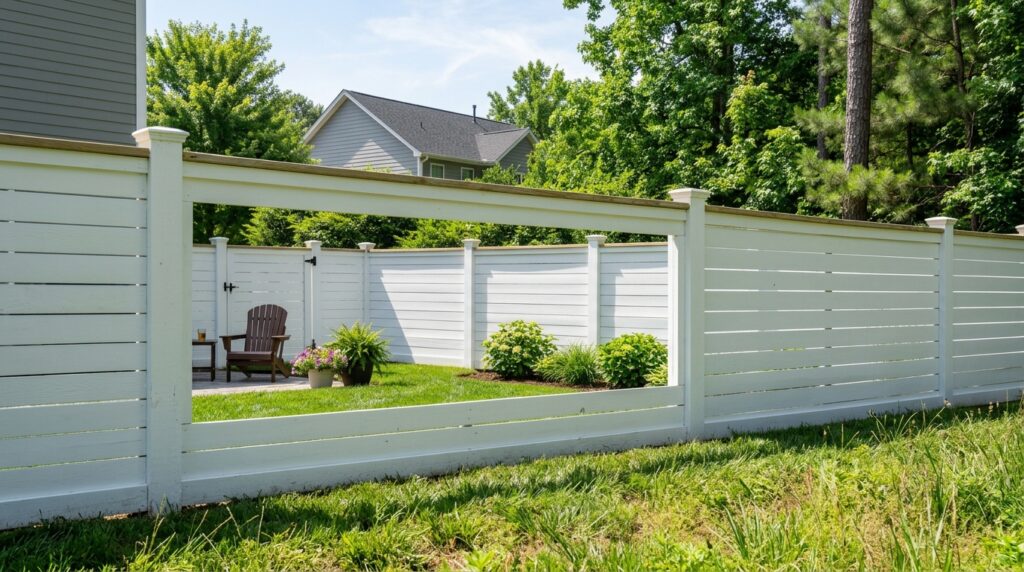 freshly painted white wood privacy fence in backyard with green lawn