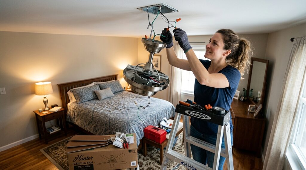 ceiling fan being installed with person on ladder connecting wires at ceiling box