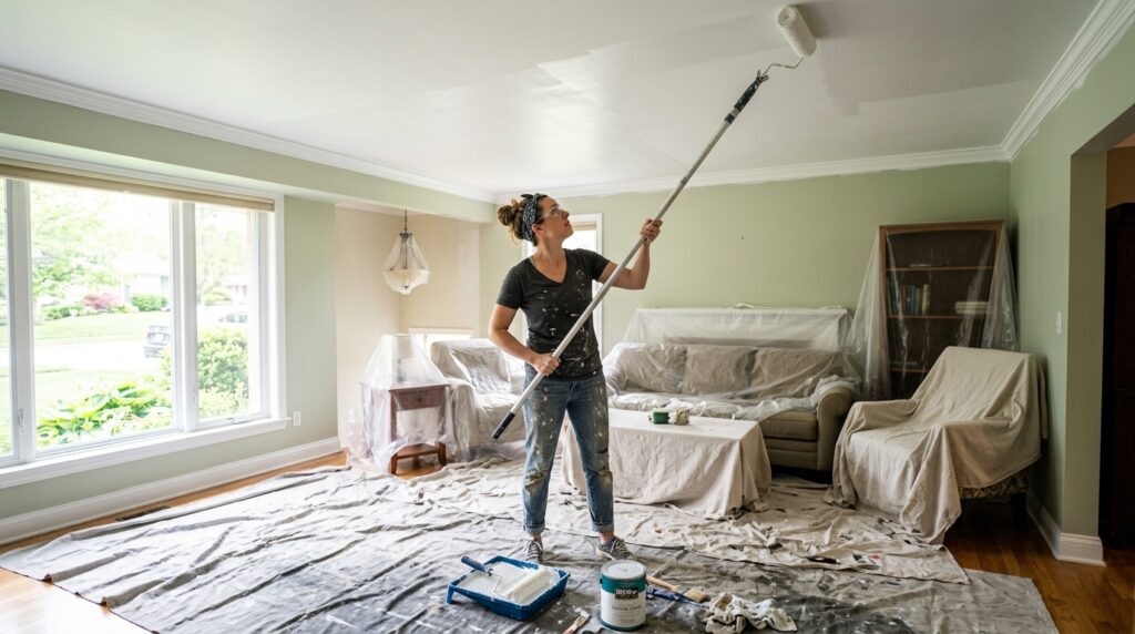 person painting ceiling with roller on extension pole standing on floor with drop cloths below