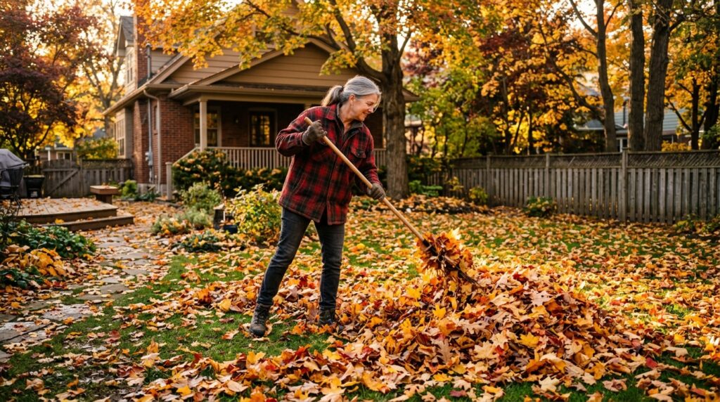 person raking large pile of autumn leaves in suburban backyard