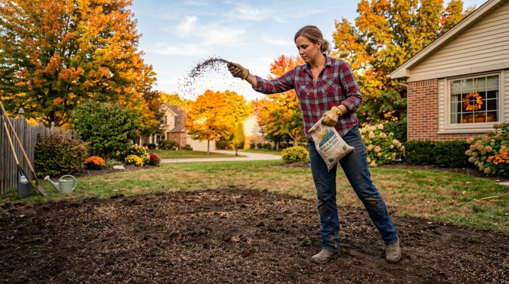 person spreading grass seed over bare dirt patch in suburban lawn in fall