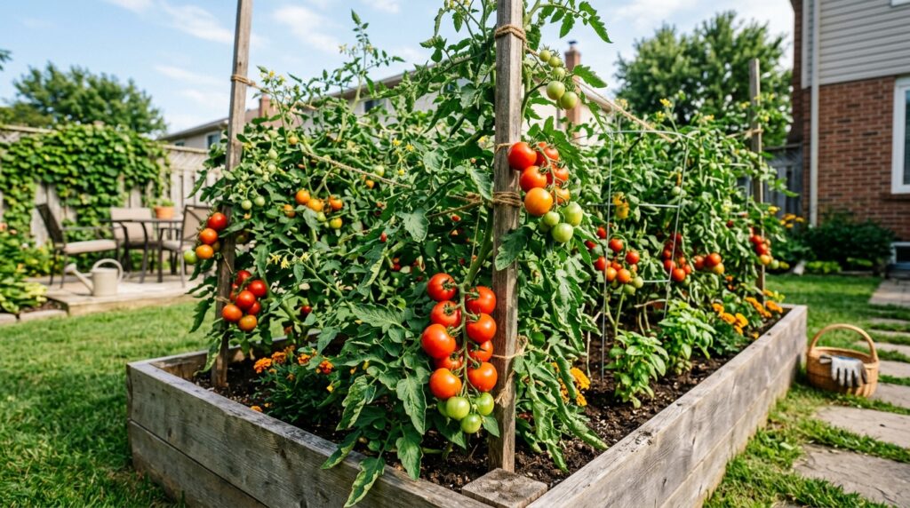 omato plants in raised garden bed with clusters of red and green tomatoes ripening