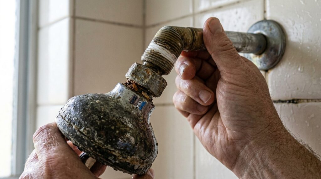 old shower head being unscrewed from shower arm for replacement