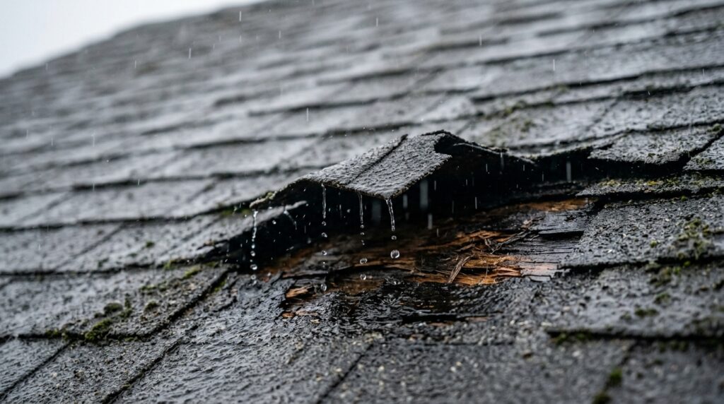 leaking roof with damaged asphalt shingles and water dripping through