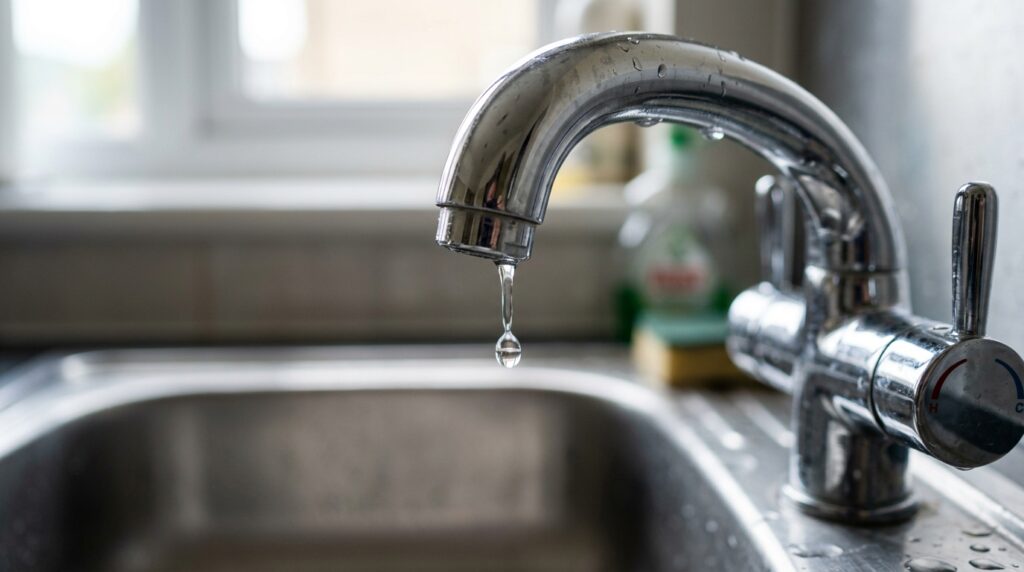 dripping kitchen faucet with water drop falling from chrome spout