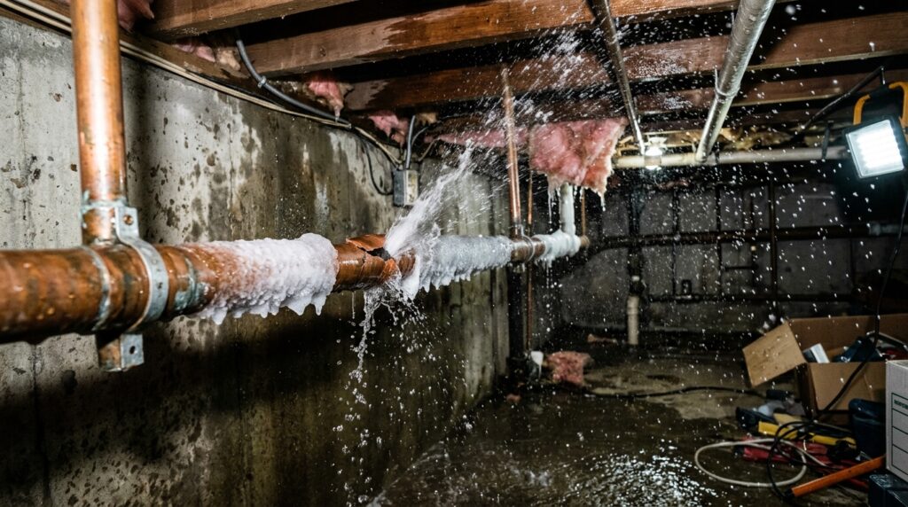 burst frozen pipe with water spraying from crack showing consequences of unprotected pipes in winter