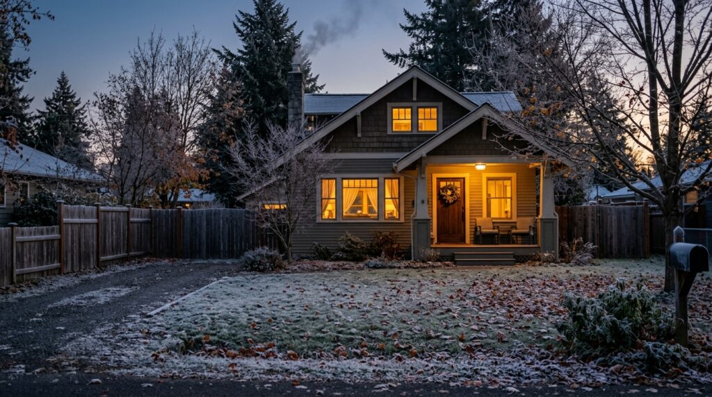 house in early winter with frost on ground warm light from windows