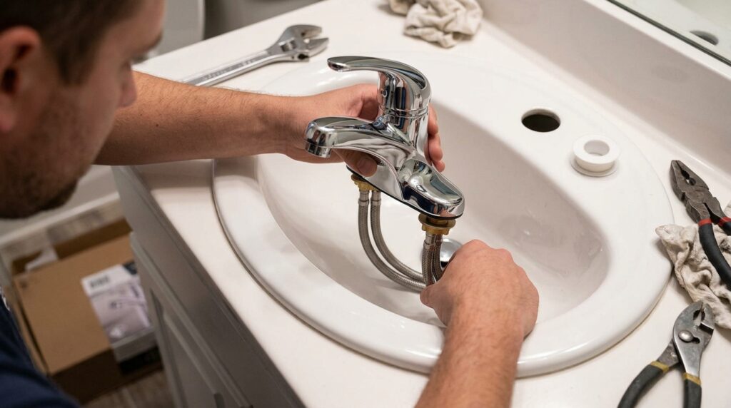 new chrome bathroom faucet being installed in white sink
