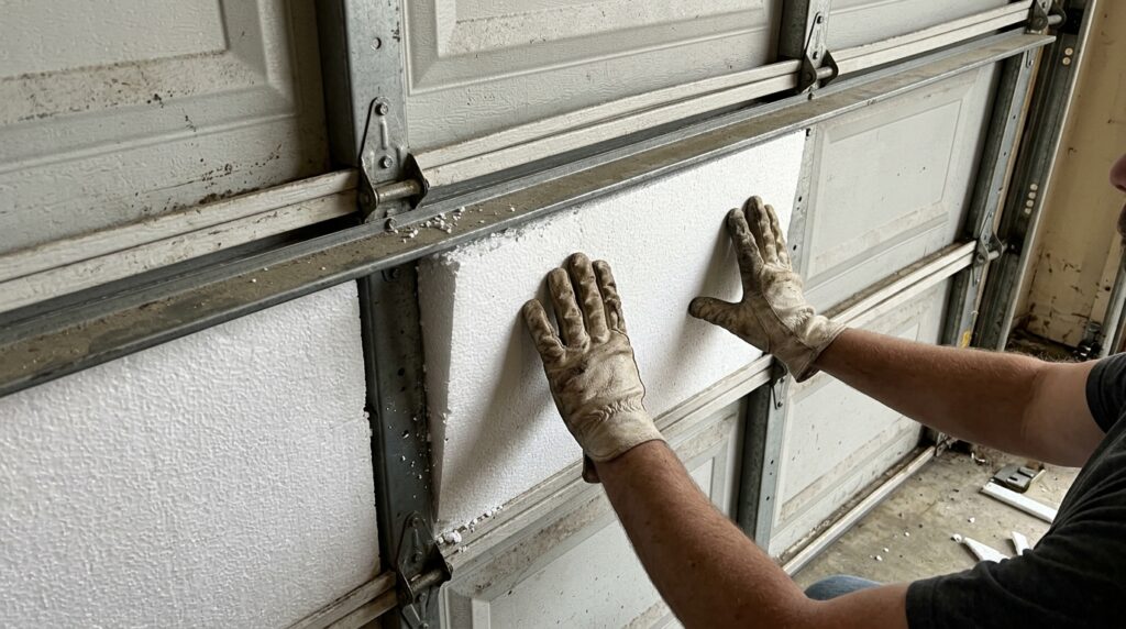 hands pressing foam insulation panel into garage door section recess