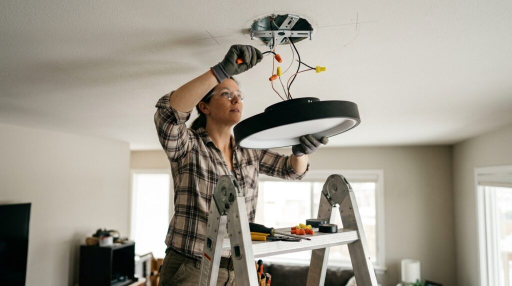 person installing modern LED ceiling light fixture wiring visible