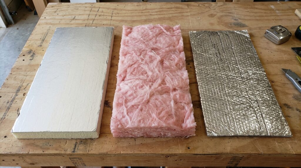 three garage door insulation materials compared foam panel fiberglass batt and reflective foil