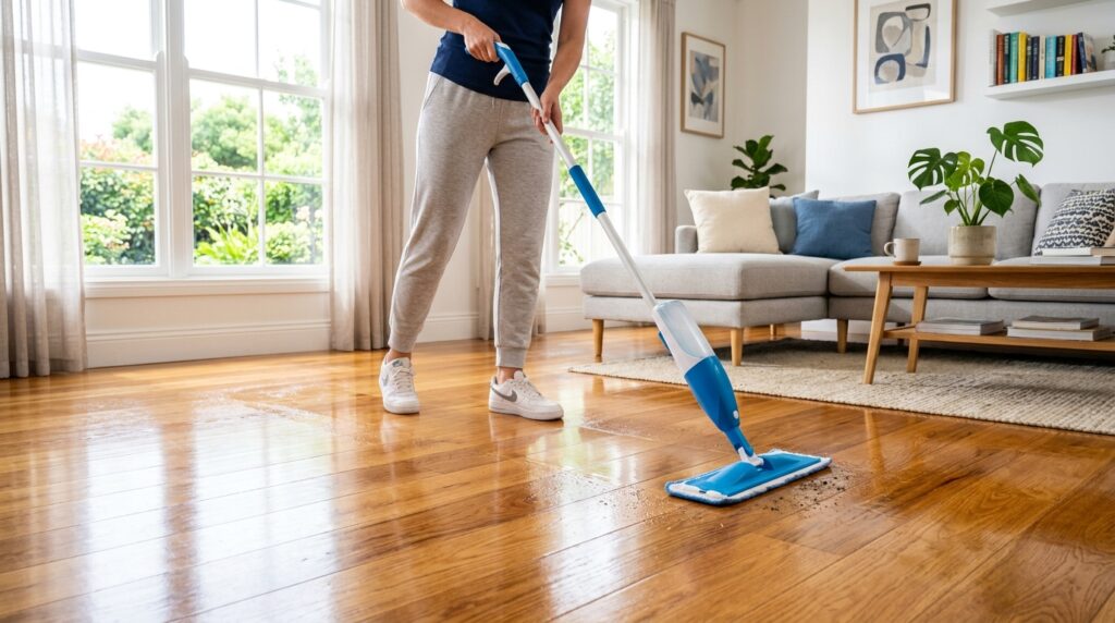 microfiber mop cleaning hardwood floor in bright living room