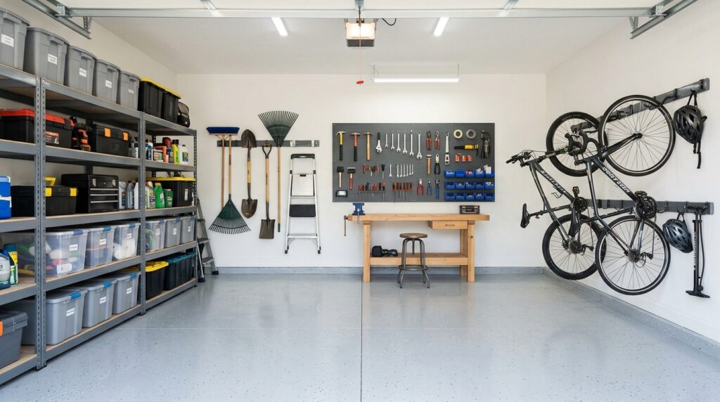 clean organized garage with shelving pegboard tools bikes on wall