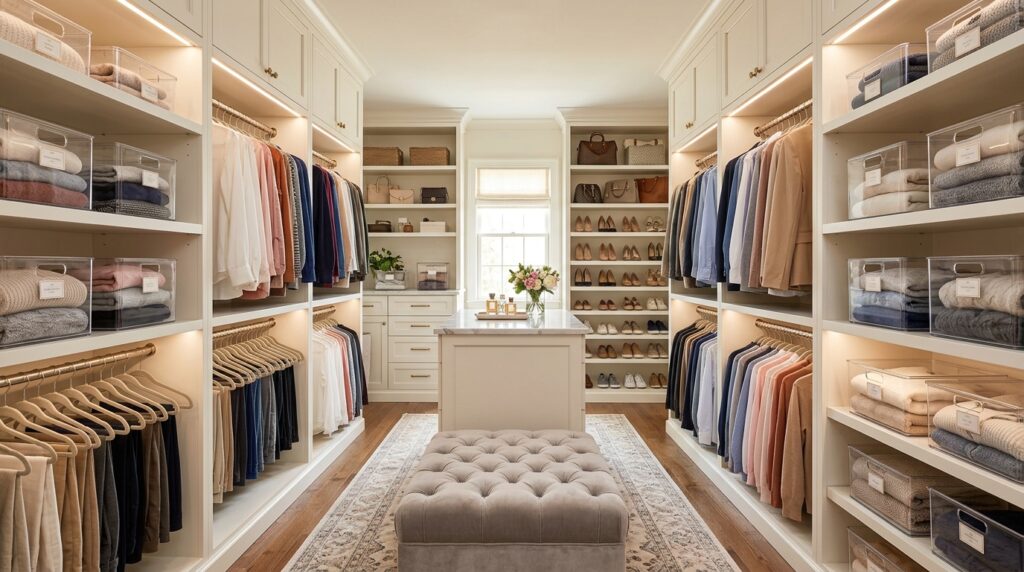 beautifully organized walk-in closet with double hang rods and clear bins