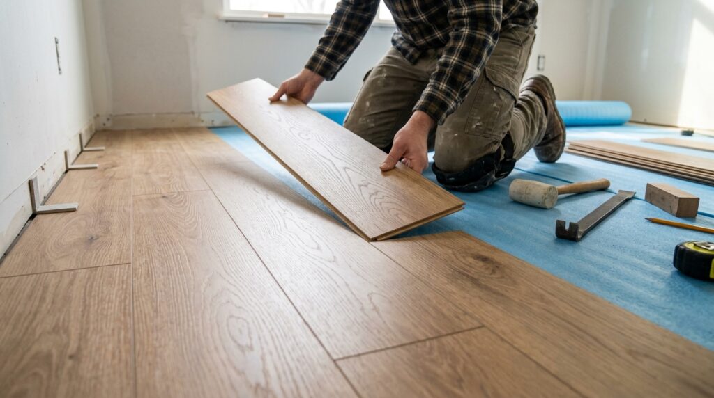 person installing laminate flooring planks clicking rows together