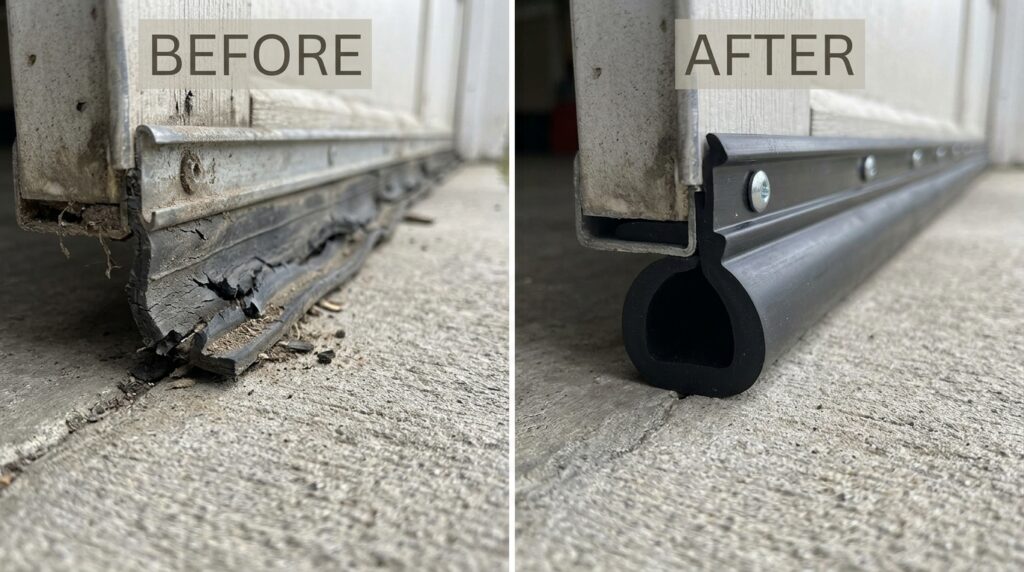 worn cracked garage door bottom seal compared to new replacement seal installed
