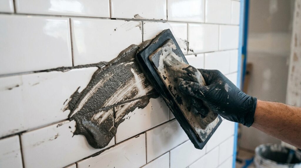 rubber grout float applying grout diagonally across white subway tile