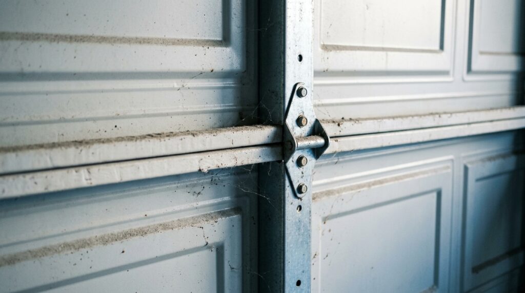 uninsulated steel garage door panel from inside showing metal ridges and cold light
