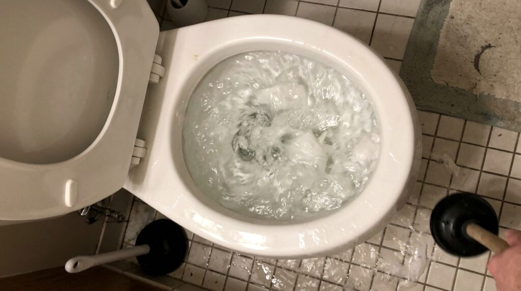 toilet bowl with rising water level viewed from above